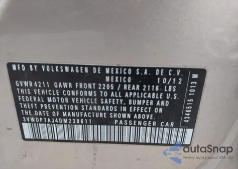 2013 Volkswagen Jetta Se из США, поврежденный, VIN 3VWDP7AJ4DM238611